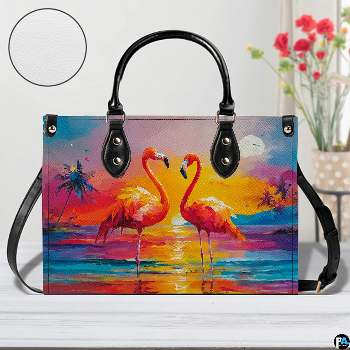 Street perspective of the colorful sunset flamingo shoulder bag.