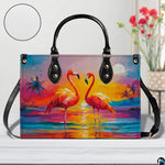 Street perspective of the colorful sunset flamingo shoulder bag.