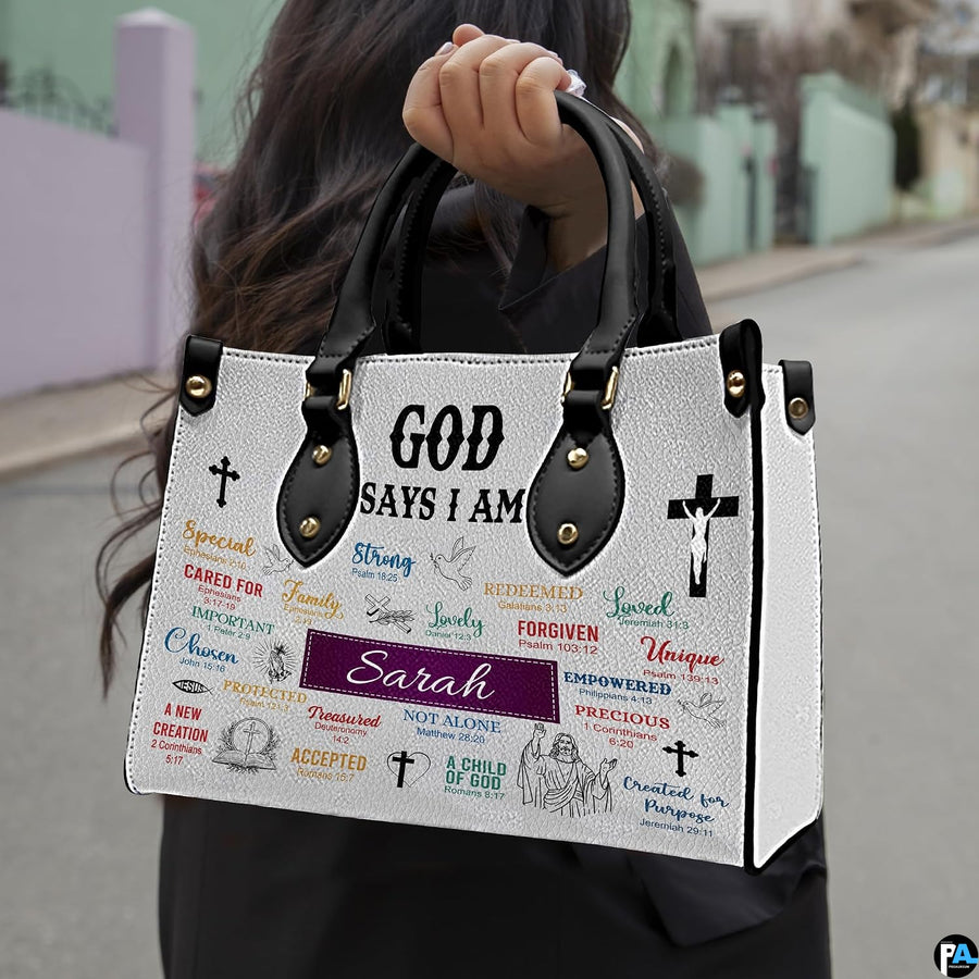 Outdoor street photo of person carrying scripture affirmation faith handbag.