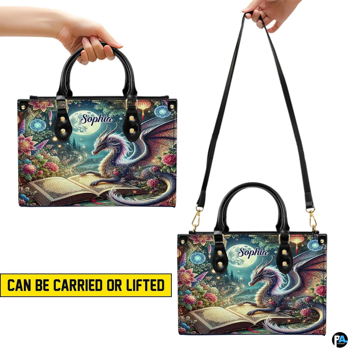 Carrying demonstrations displaying dual top handle grip and crossbody shoulder strap suspension.