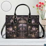 Front view of the gothic gate art accessory highlighting the dark feline, lanterns, and toadstools.