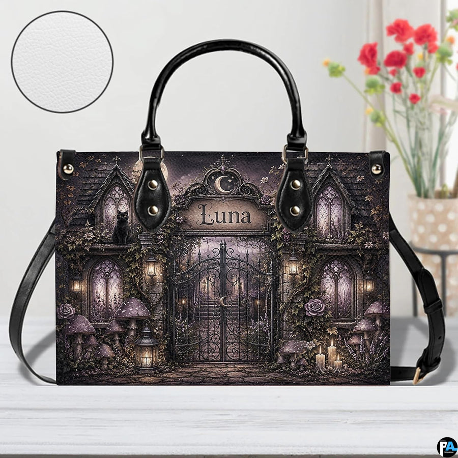 Front view of the gothic gate art accessory highlighting the dark feline, lanterns, and toadstools.