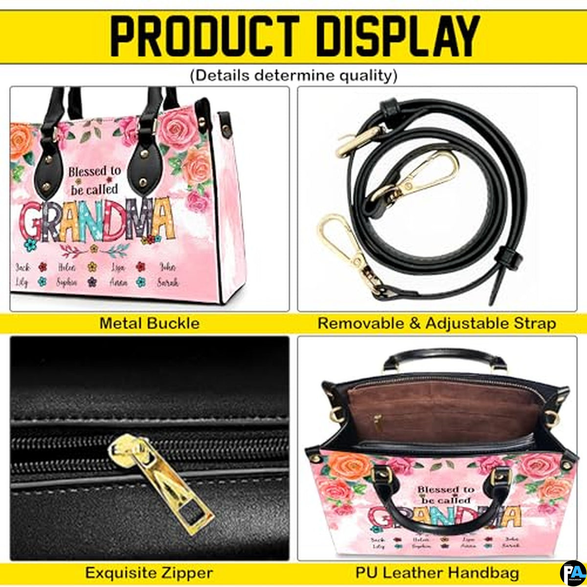 Mothers Day Gift Leather Bag- Personalized Grandmas Purse With Grandkids Names, Grandma Handbag Birthday Gifts For Mom Women