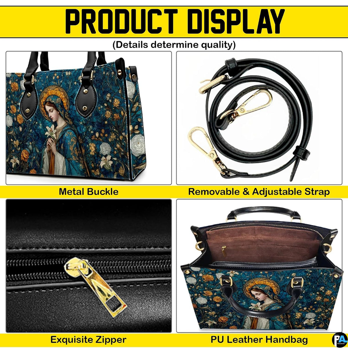 Feature overview collage highlighting structural angles and aesthetic elements of Madonna mosaic art handbag