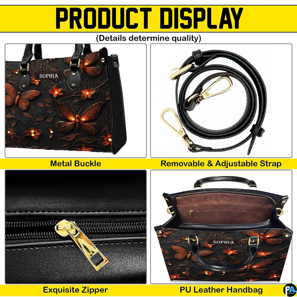 Feature collage illustrating top handles, carrying strap, secure closure, and open top interior view.