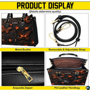 Feature collage illustrating top handles, carrying strap, secure closure, and open top interior view.