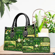 Green Celtic patchwork handbag and matching wallet on table