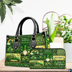 Green Celtic patchwork handbag and matching wallet on table