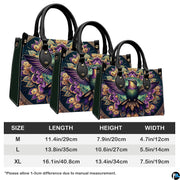Three sizes of handbag shown in graduated display with length, height, and width dimension chart.