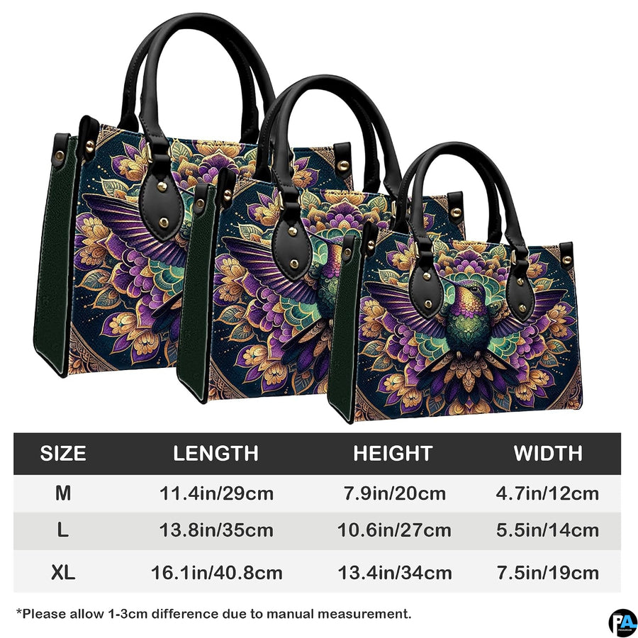 Three sizes of handbag shown in graduated display with length, height, and width dimension chart.