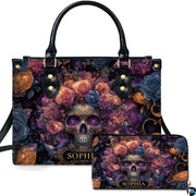Gothic cosmic skull flower crown handbag and matching wallet set on white background.