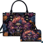 Gothic cosmic skull flower crown handbag and matching wallet set on white background.