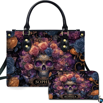 Gothic cosmic skull flower crown handbag and matching wallet set on white background.