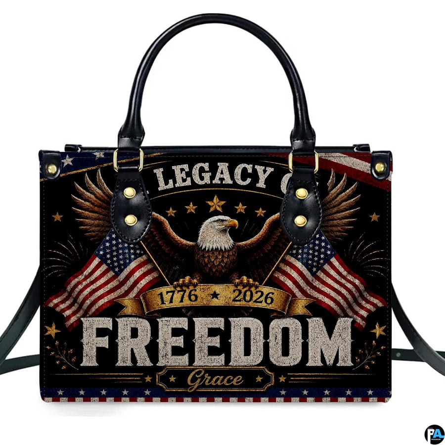Close-up front view of matching zippered wallet showing patriotic eagle artwork