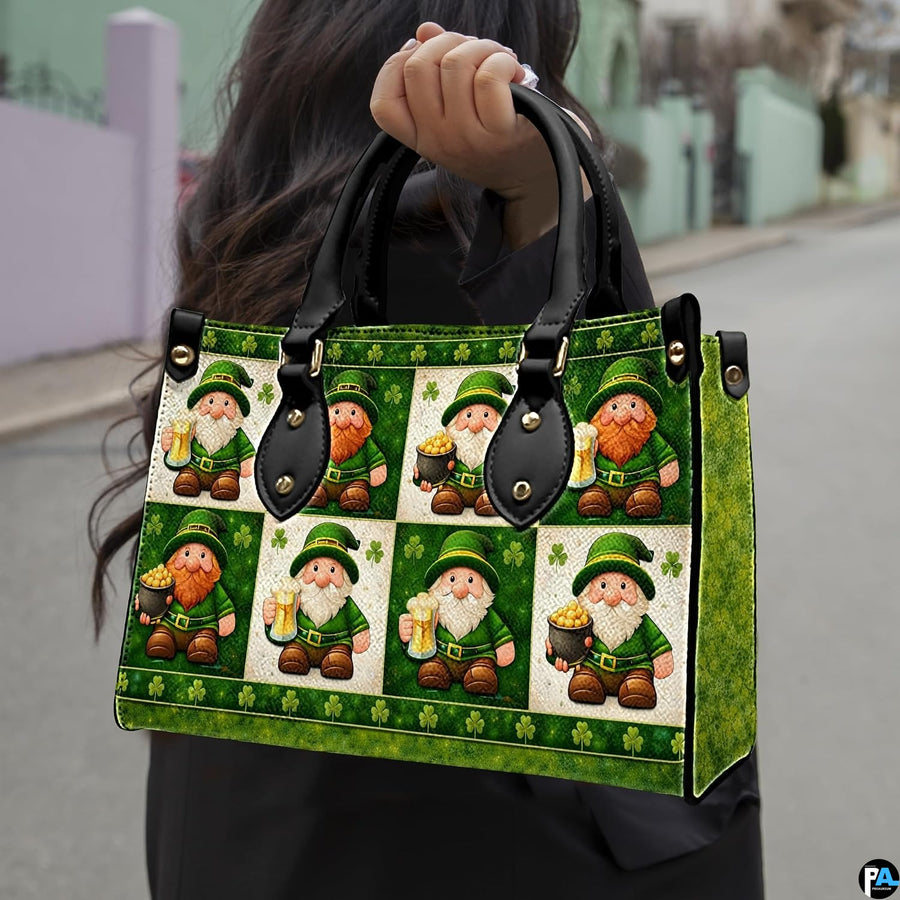 Model carrying St Patricks Day handbag with shamrock border
