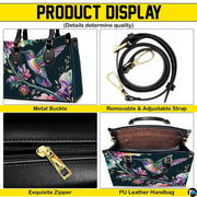 Handbag displayed in two carrying styles held by top handle and shoulder strap on white background.