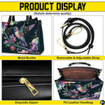 Handbag displayed in two carrying styles held by top handle and shoulder strap on white background.