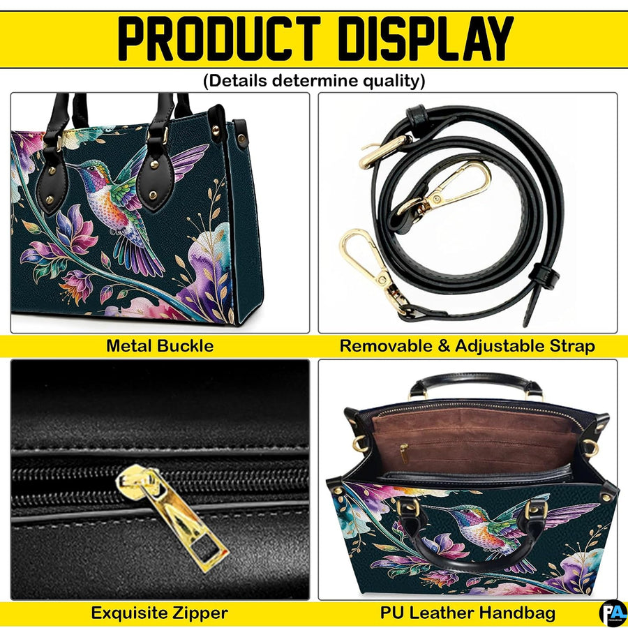Handbag displayed in two carrying styles held by top handle and shoulder strap on white background.