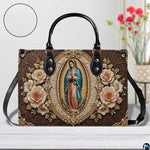 Guadalupe medallion handbag displayed with circular surface texture zoom inset