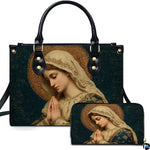 Byzantine mosaic Virgin Mary handbag and matching wallet featuring prayerful portrait and golden halo