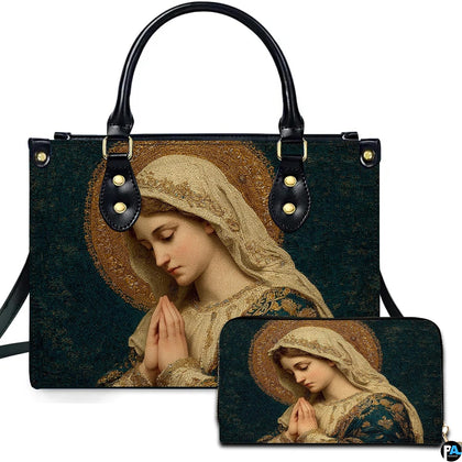 Byzantine mosaic Virgin Mary handbag and matching wallet featuring prayerful portrait and golden halo