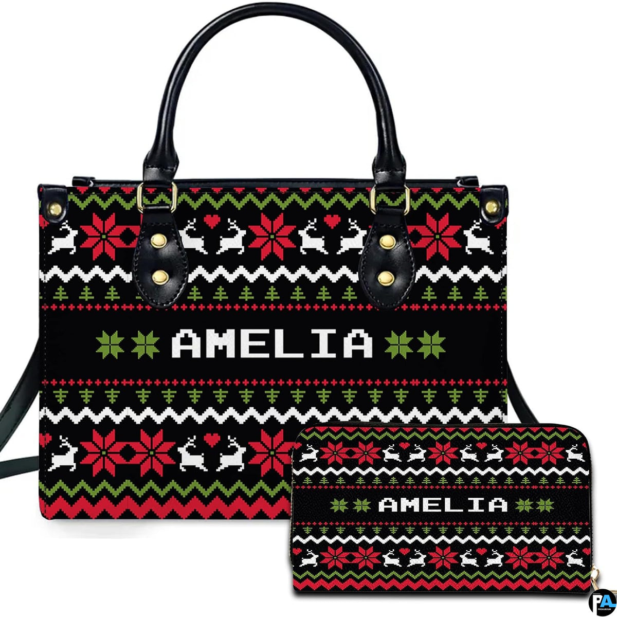 Ugly sweater purse and matching wallet displaying Nordic Fair Isle reindeer and snowflake bands.