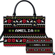 Ugly sweater purse and matching wallet displaying Nordic Fair Isle reindeer and snowflake bands.