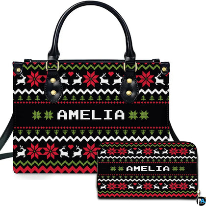 Ugly sweater purse and matching wallet displaying Nordic Fair Isle reindeer and snowflake bands.