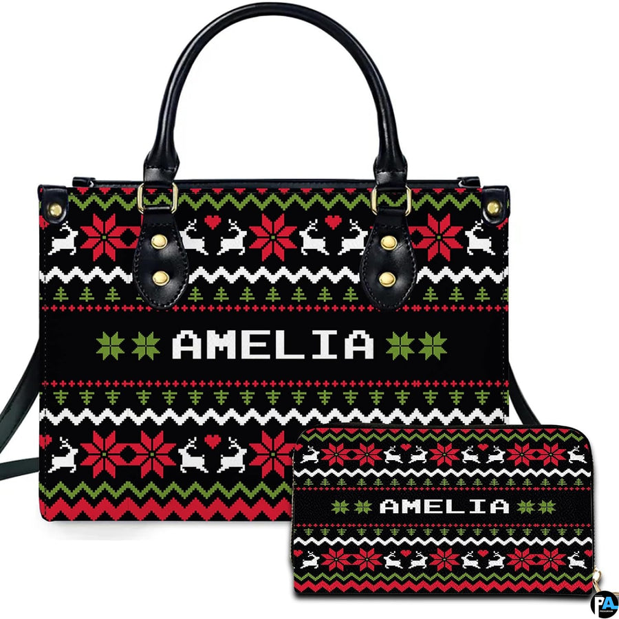 Ugly sweater purse and matching wallet displaying Nordic Fair Isle reindeer and snowflake bands.