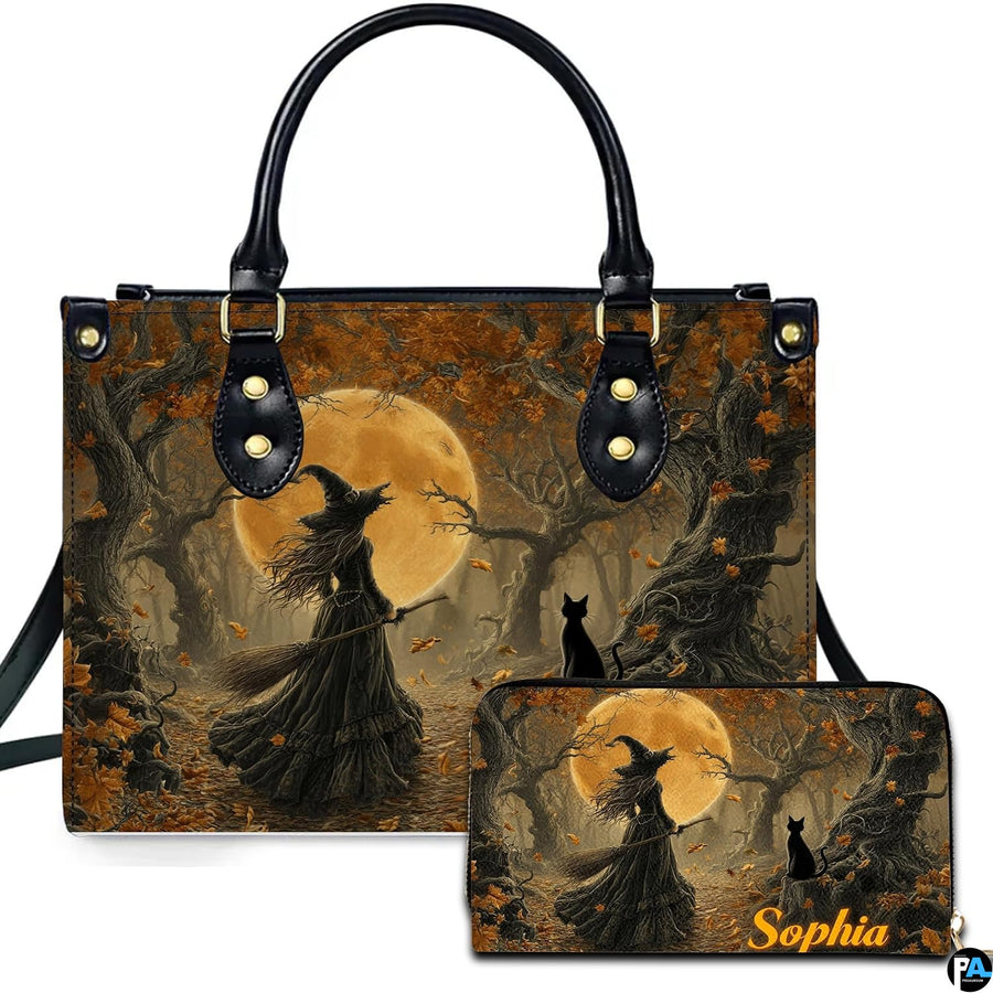 Personalized Halloween Leather Handbag – Custom Witch 3D Printing Effect Purses For Women – Spooky Gothic Shoulder Bag