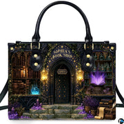 Angle view highlighting glowing violet spellbook in window and crystal decorations on entryway steps.