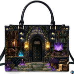 Angle view highlighting glowing violet spellbook in window and crystal decorations on entryway steps.