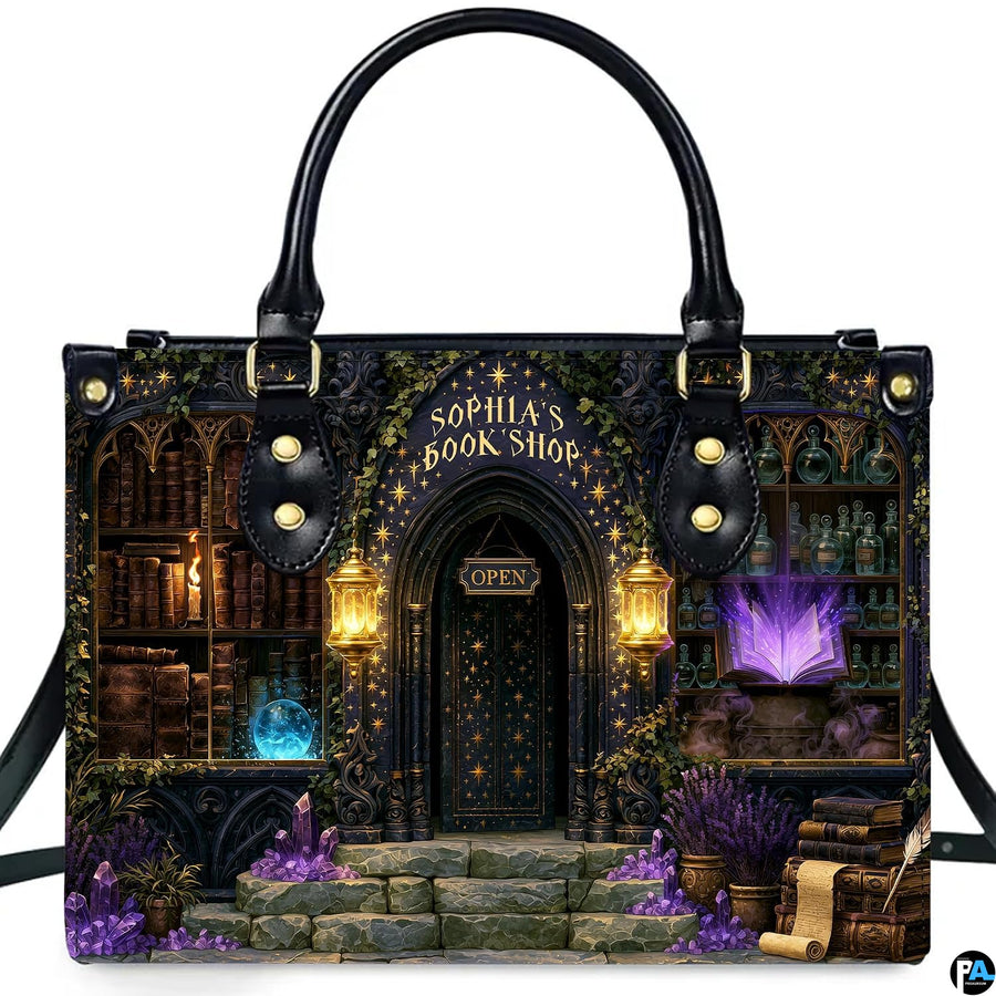Angle view highlighting glowing violet spellbook in window and crystal decorations on entryway steps.