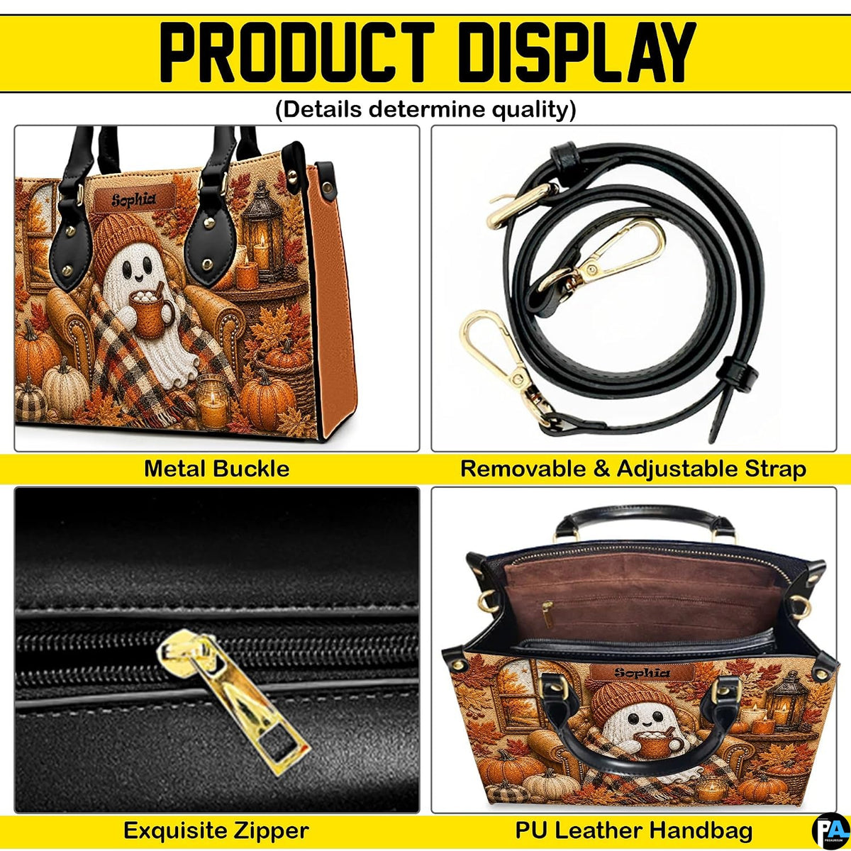 Product display overview showing metal hardware, adjustable shoulder strap, zipper top, and interior.
