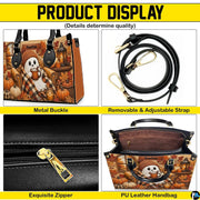 Product display overview showing metal hardware, adjustable shoulder strap, zipper top, and interior.