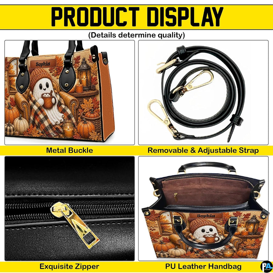 Product display overview showing metal hardware, adjustable shoulder strap, zipper top, and interior.