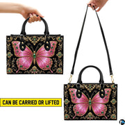 Demonstration infographic illustrating dual holding configurations for the pink jeweled butterfly artwork.