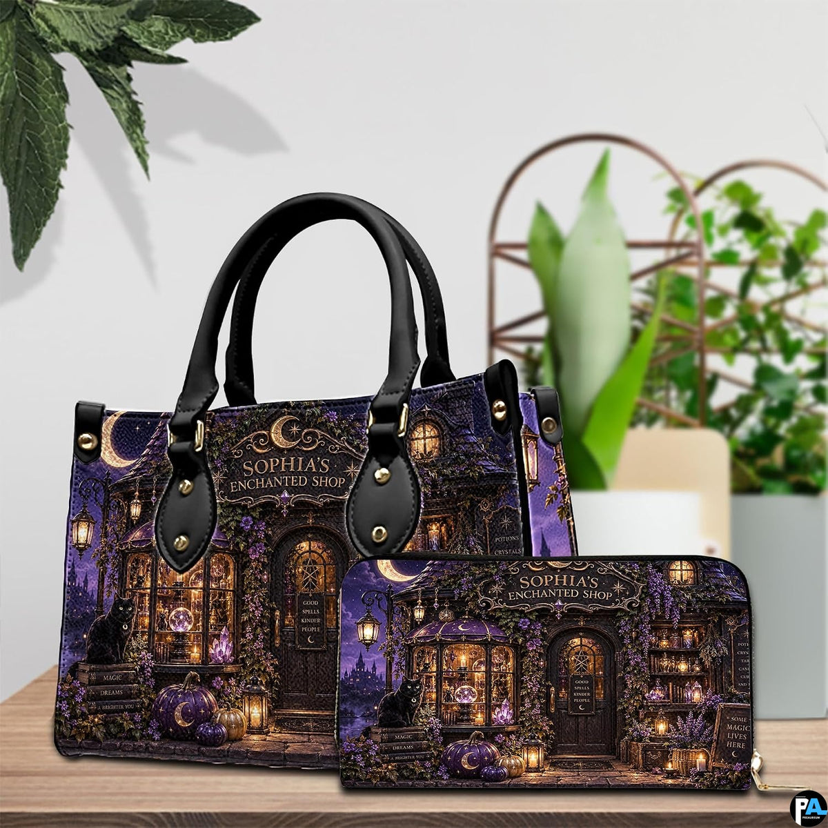 Witch apothecary handbag displayed on wooden tabletop in front of sunlit cafe window.