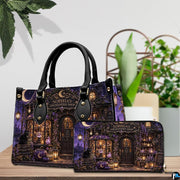 Witch apothecary handbag displayed on wooden tabletop in front of sunlit cafe window.