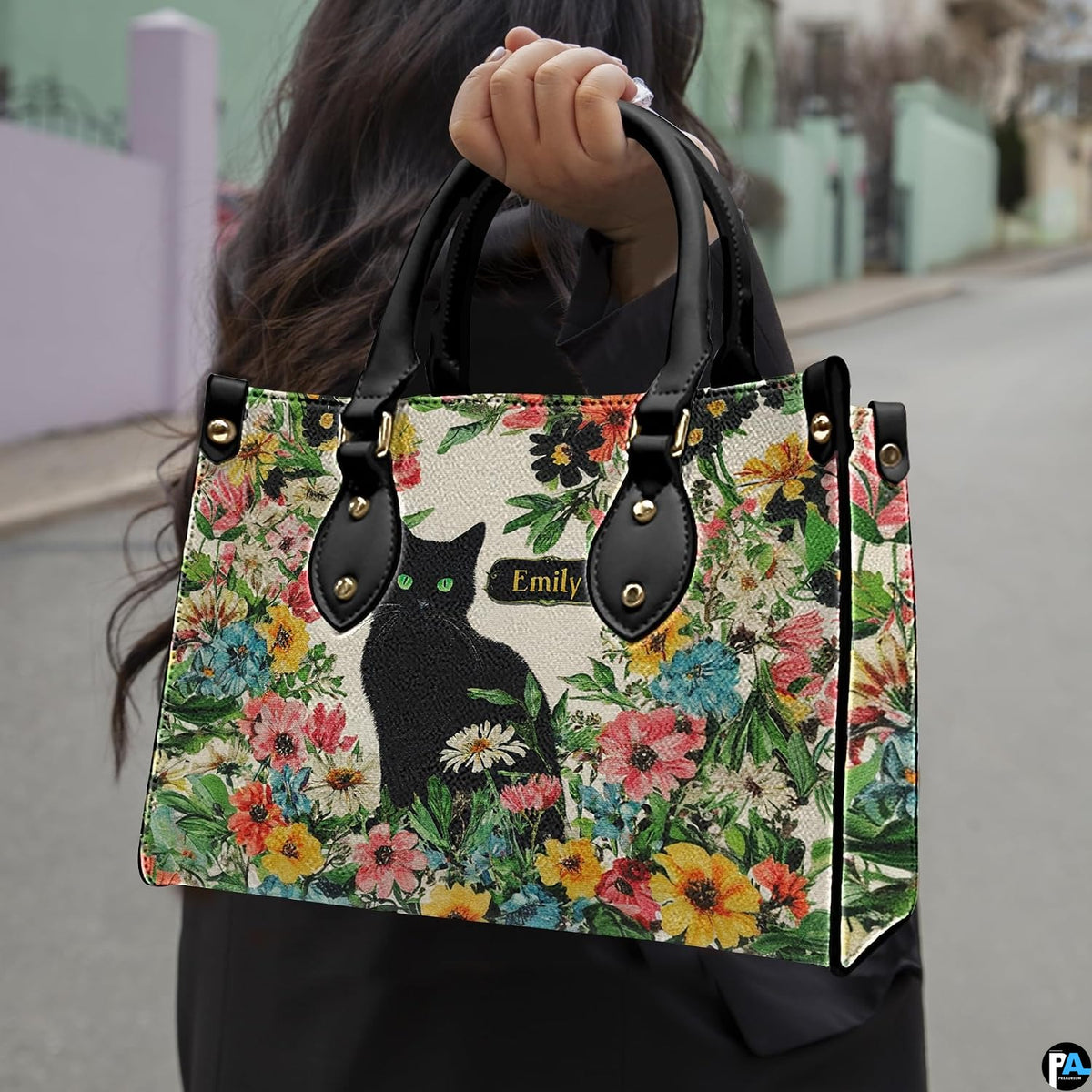 Coordinating black cat wildflower tote handbag and zippered wallet duo