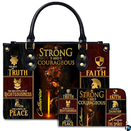 Armor of god warrior handbag and matching wallet set with kneeling knight and roaring lion on white.