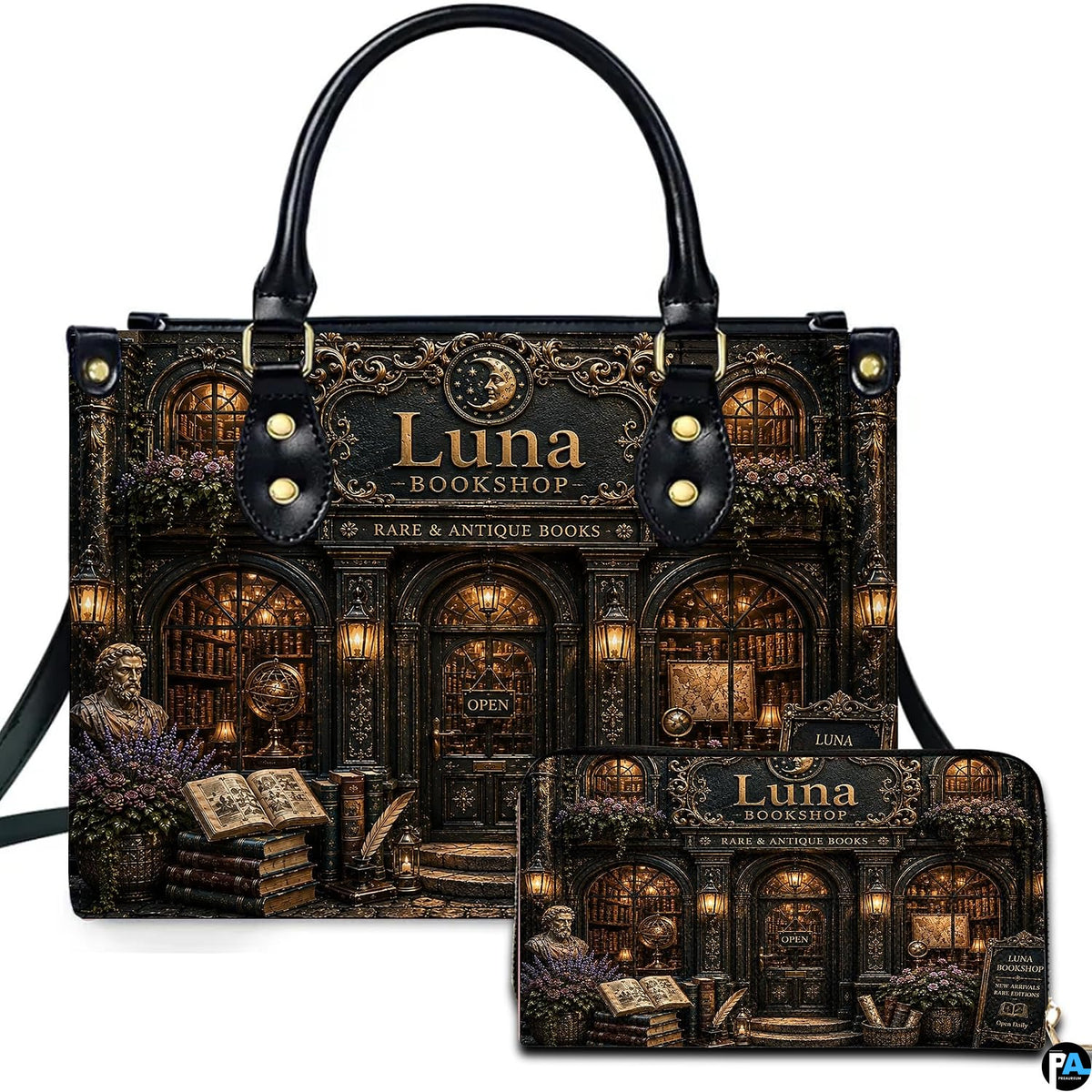 Dark academia library art showing an ornate Victorian storefront presented across an accessory pairing.