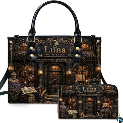 Dark academia library art showing an ornate Victorian storefront presented across an accessory pairing.