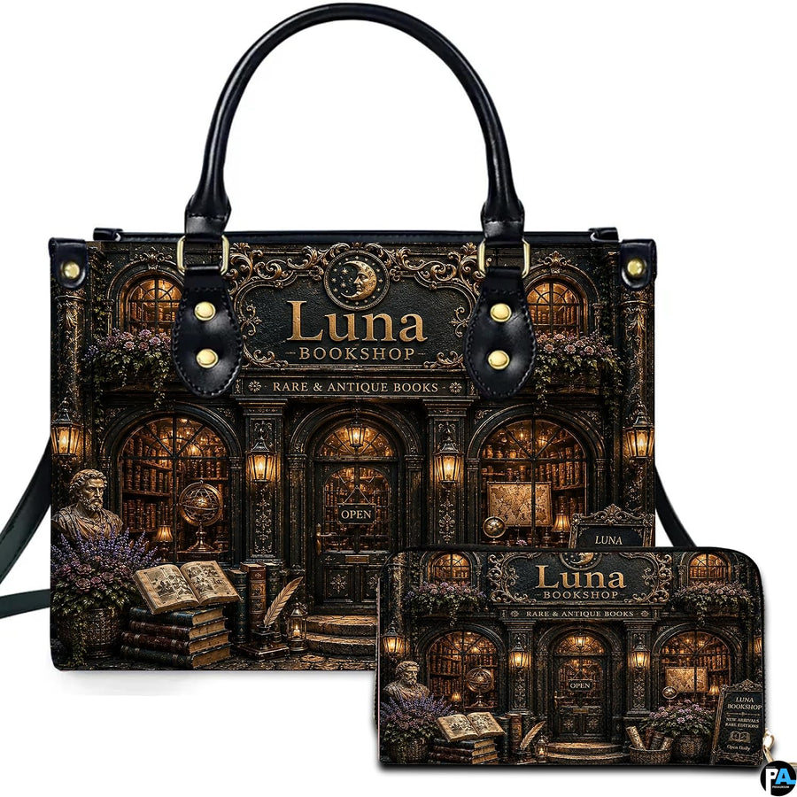 Dark academia library art showing an ornate Victorian storefront presented across an accessory pairing.