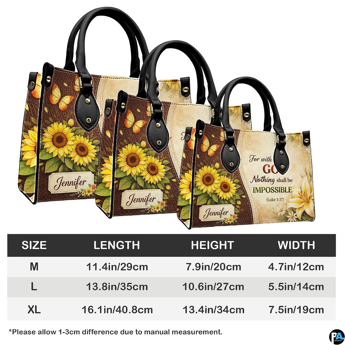 Three sizing variations of floral print piece alongside dimensional measurement diagram.