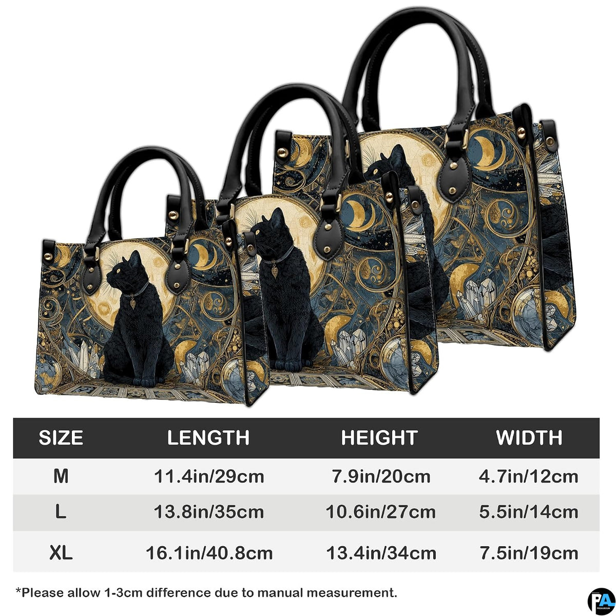 Side perspective showing elevated dual carrying configurations for the feline art accessory.