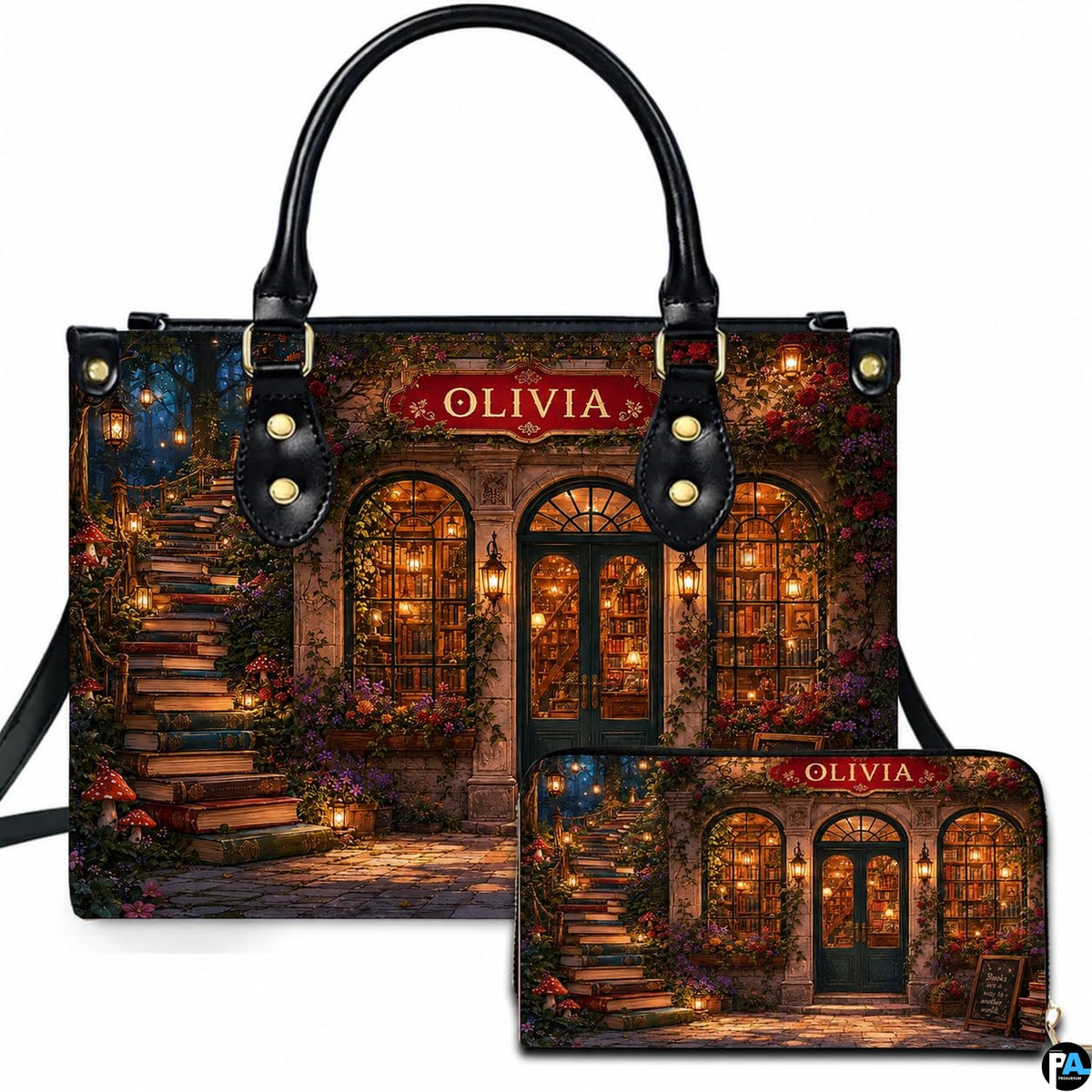 Front view of accessory set featuring magical nighttime bookshop facade, book staircase, and glowing forest lanterns