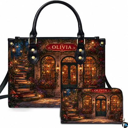 Front view of accessory set featuring magical nighttime bookshop facade, book staircase, and glowing forest lanterns