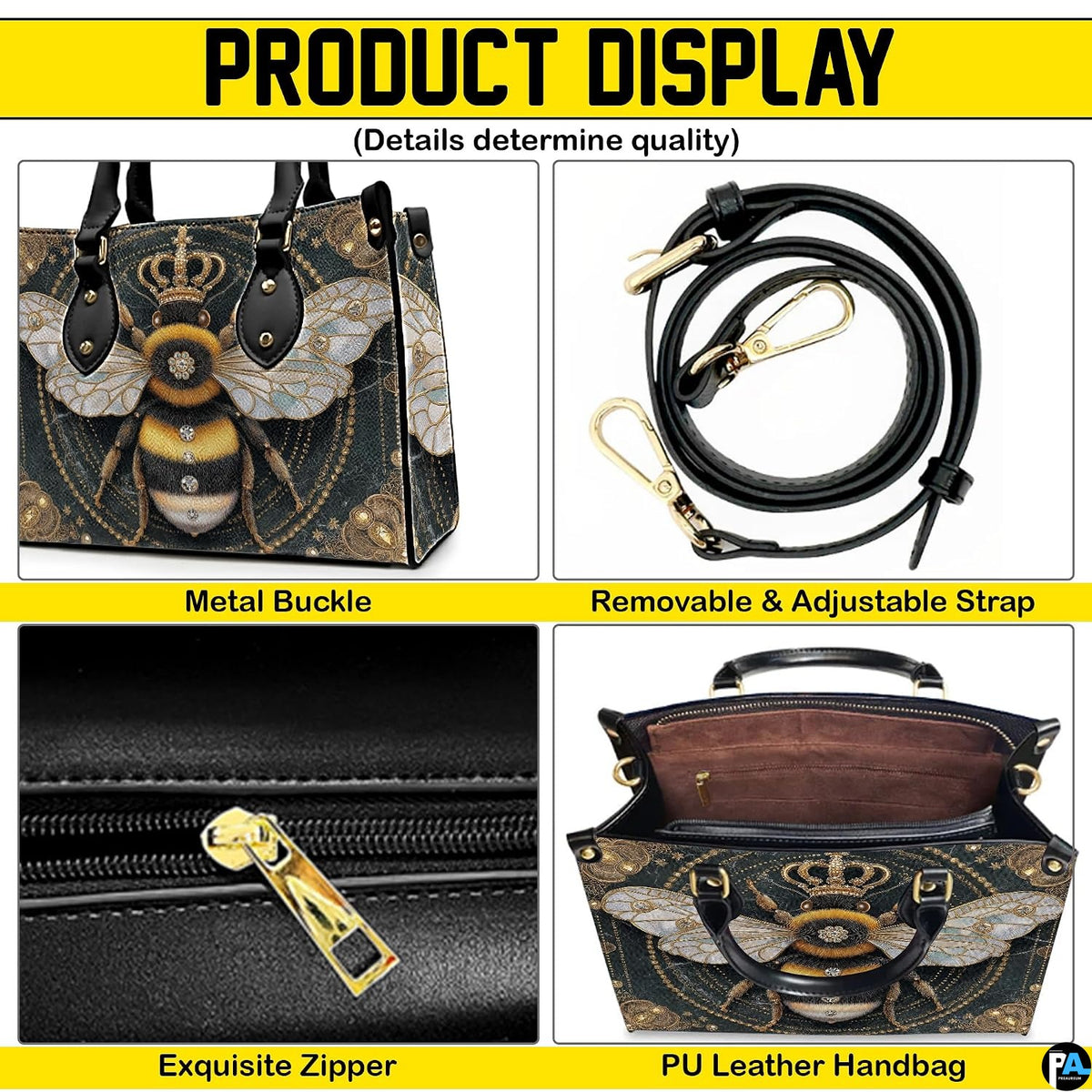 Angle perspective view of the bumblebee handbag showcasing side depth and printed pattern.