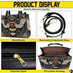 Angle perspective view of the bumblebee handbag showcasing side depth and printed pattern.